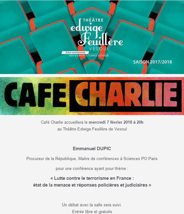 café Charlie du mercredi 7 février 2018 avec Emmanuel Dupic, Procureur de la République, Maitre de conférences à Sciences PO Paris
